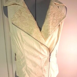 JouJou Off White A-Semetric Zipper Faux Leather W/ Lace Vest. Size Small
